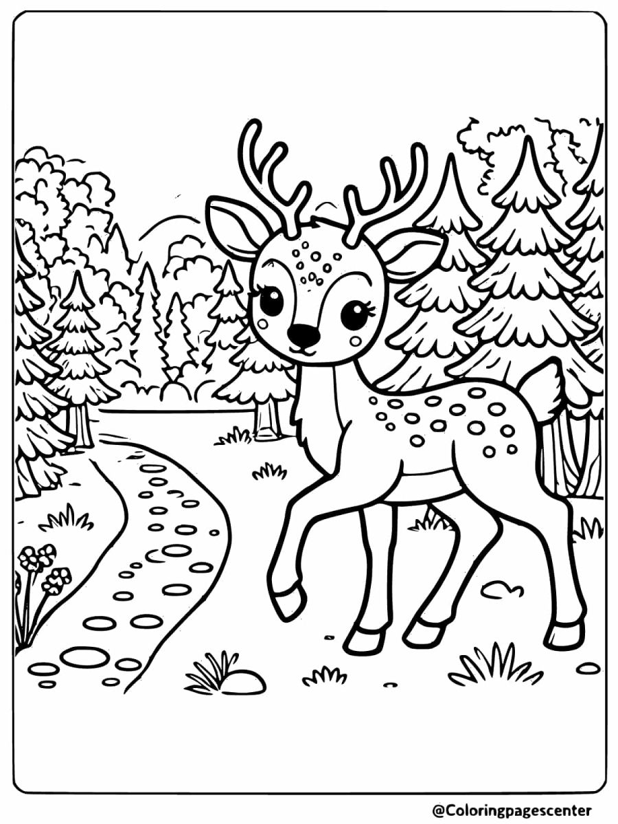 Deer strolling down a forest path coloring page