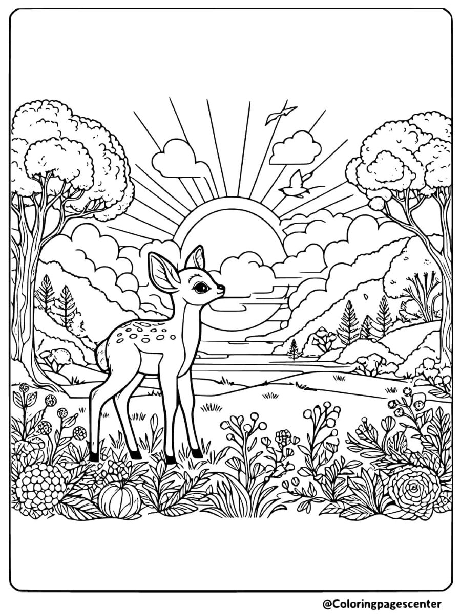 A deer strolling through a sunlit meadow coloring page