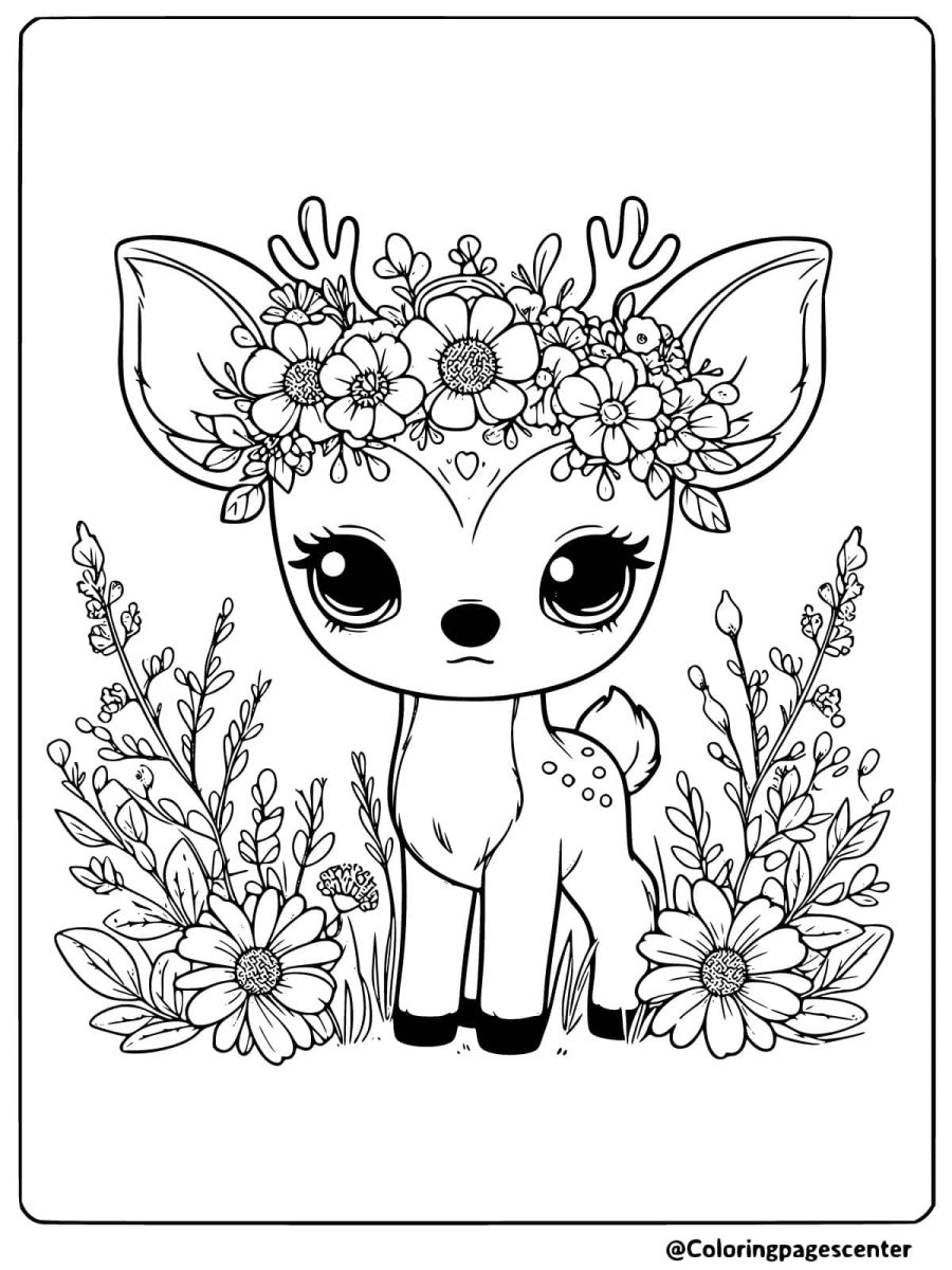 Deer wearing a beautiful floral crown coloring page