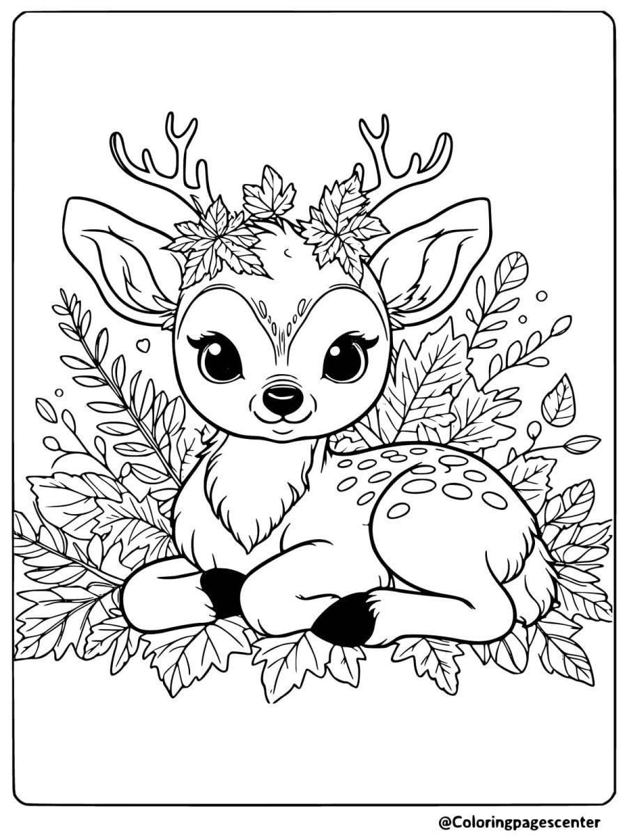 Deer with crown of autumn leaves coloring page