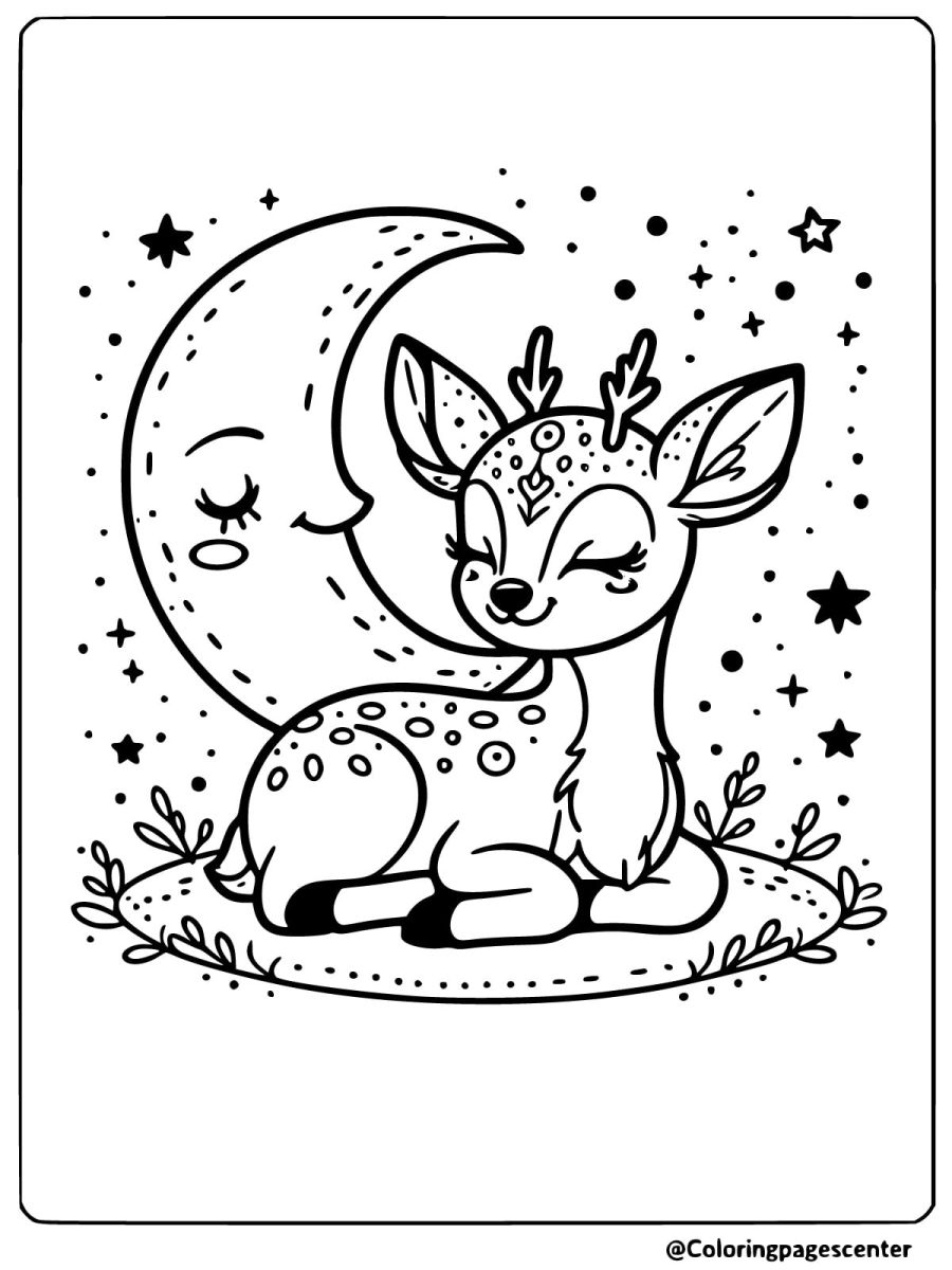 Deer under the moon easy coloring page