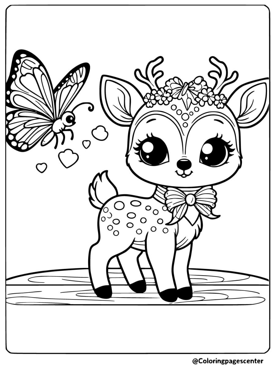 Deer with flowers and butterfly easy coloring page