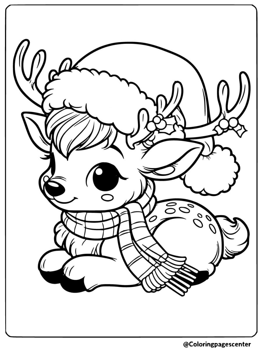 Deer with a Christmas hat easy coloring page