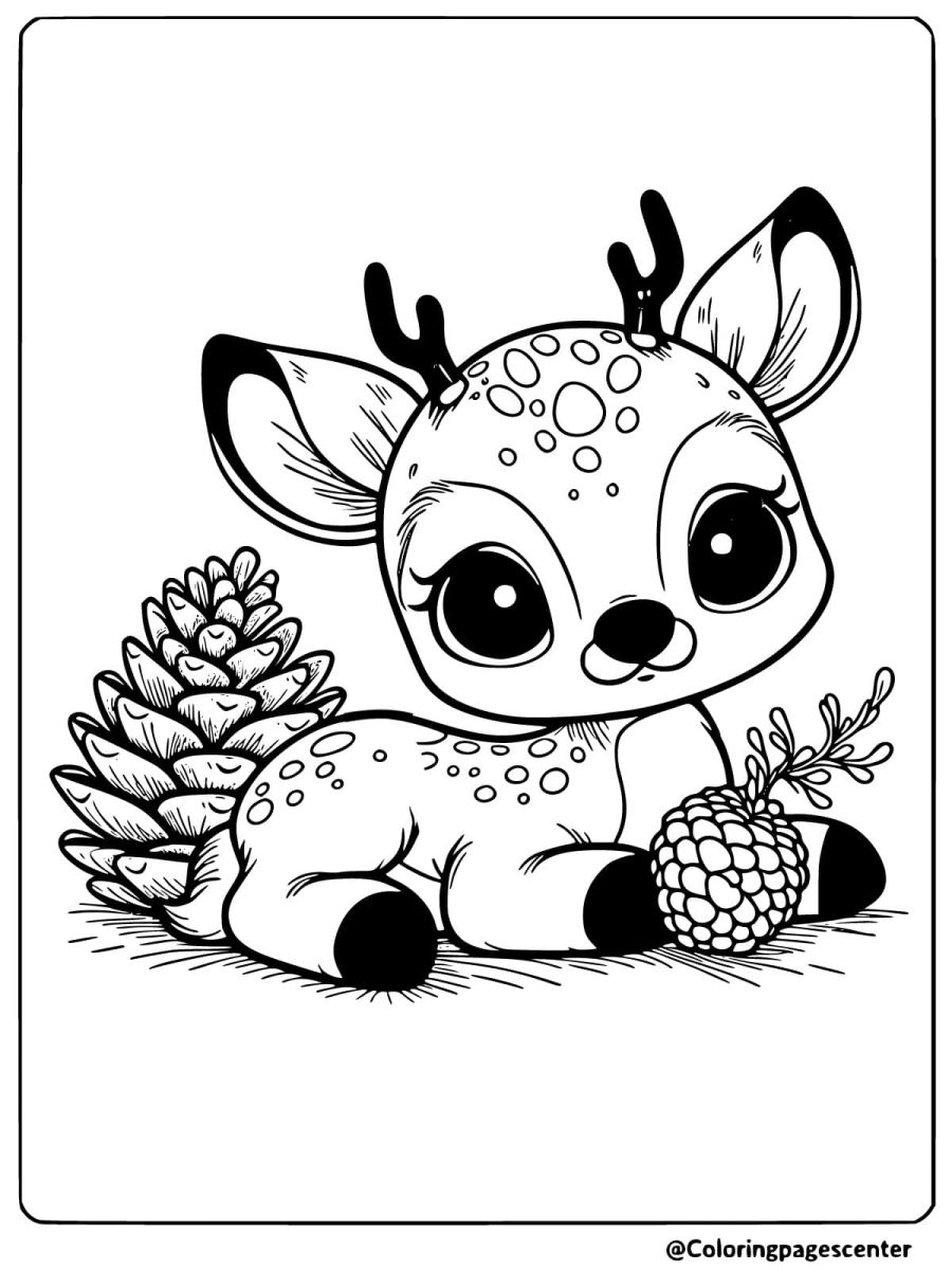 Deer with pine cones and branch easy coloring page