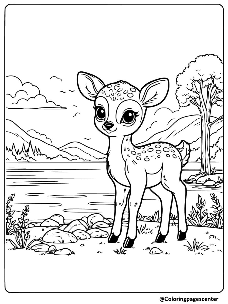 A young deer gazing by a peaceful lake coloring page