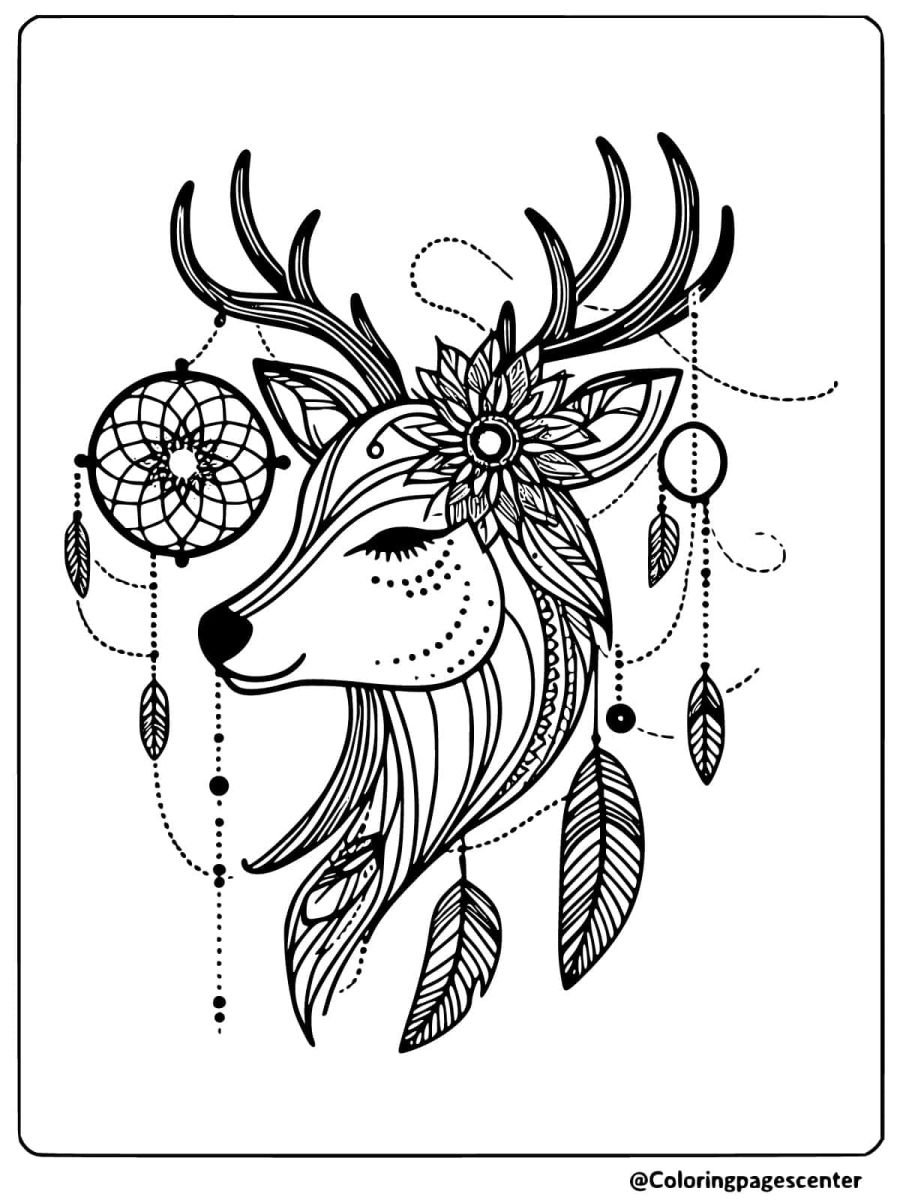 Coloring page of a bohemian deer head with feathers