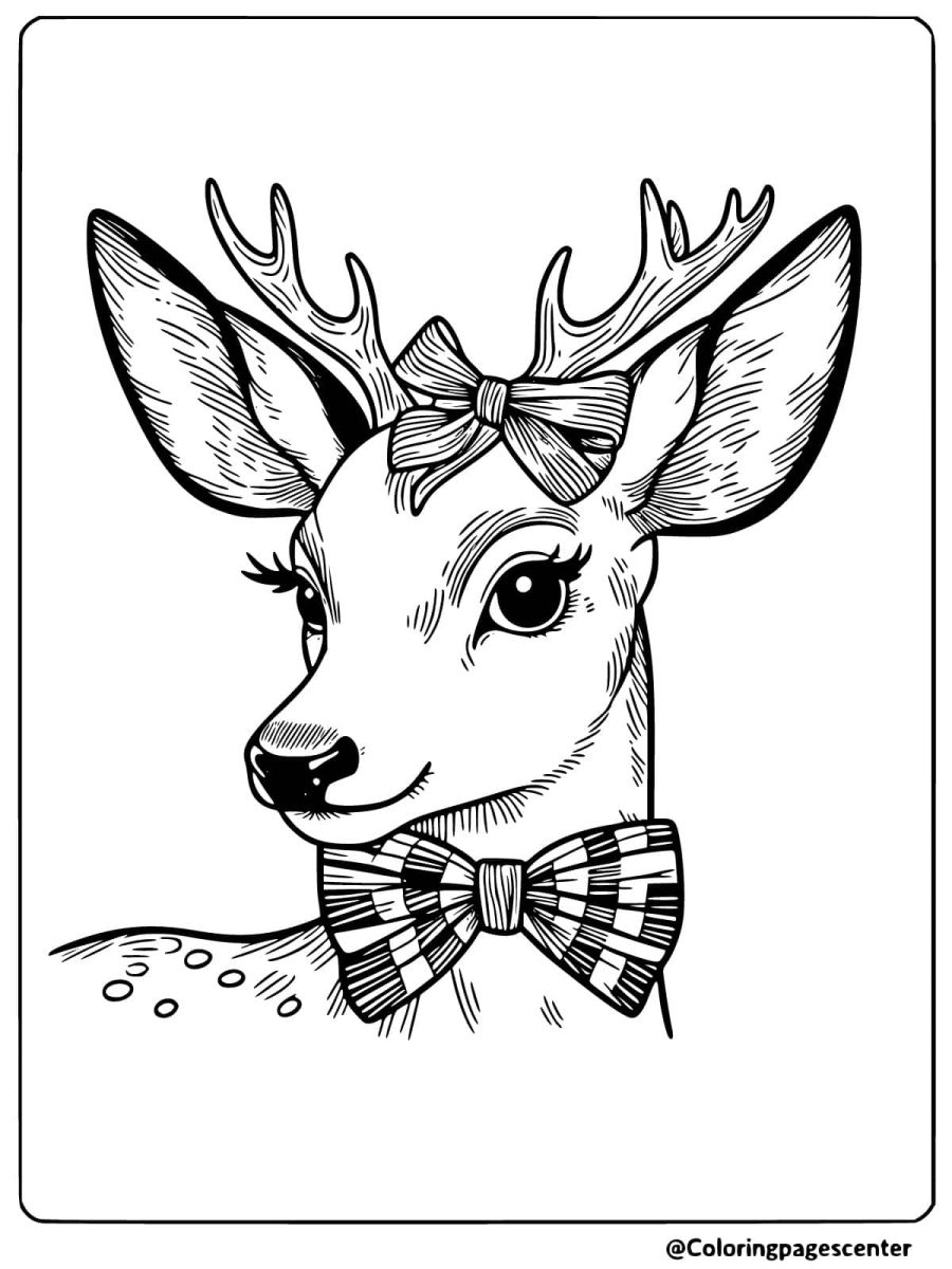 Deer head with a decorative bow and antlers coloring page