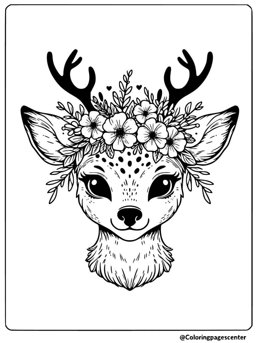 Deer head with floral crown coloring page