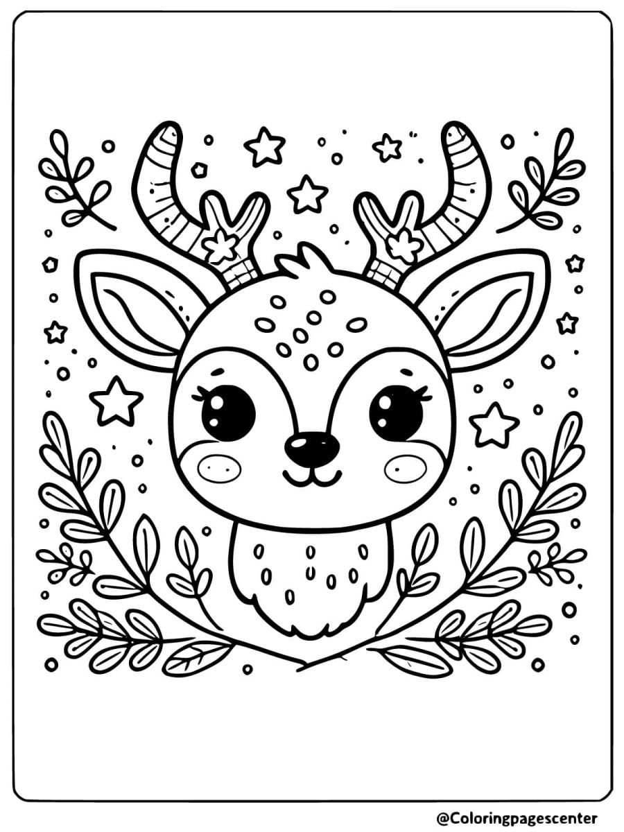 Coloring page featuring a decorative deer head and leaves