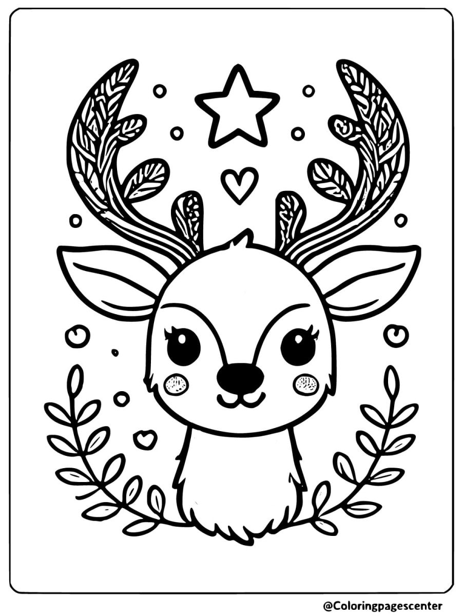 Coloring page featuring an artistic deer head with leaves and stars