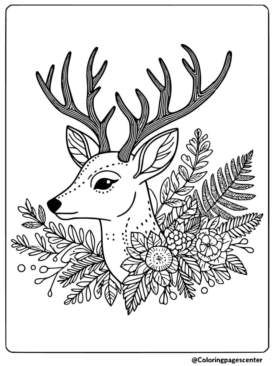 Detailed deer head with antlers and floral accents coloring page