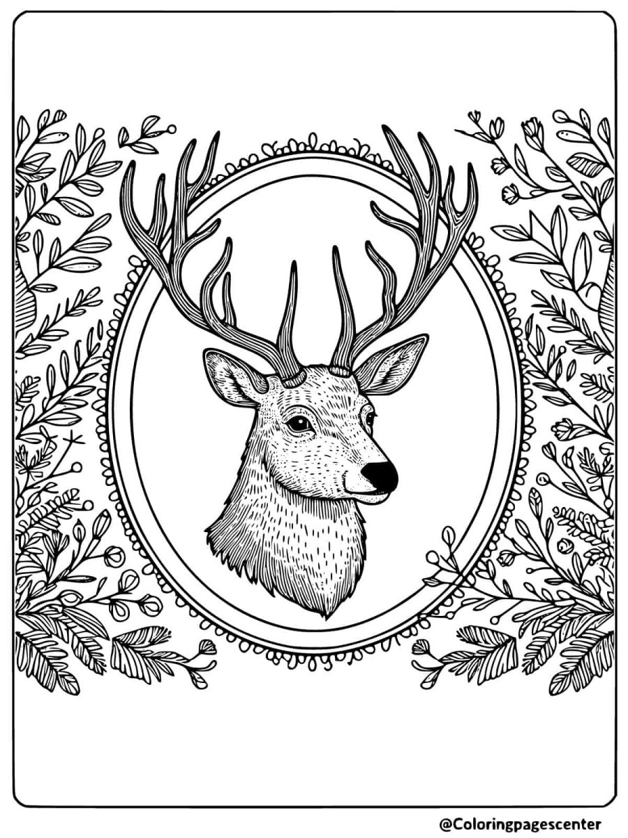 Deer head in a floral frame coloring page