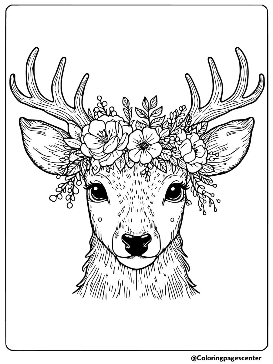 Deer head adorned with a flower crown coloring page