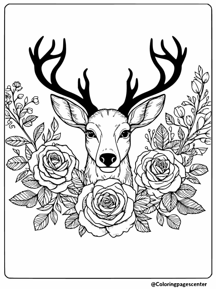 Coloring page of a deer head with roses and leaves