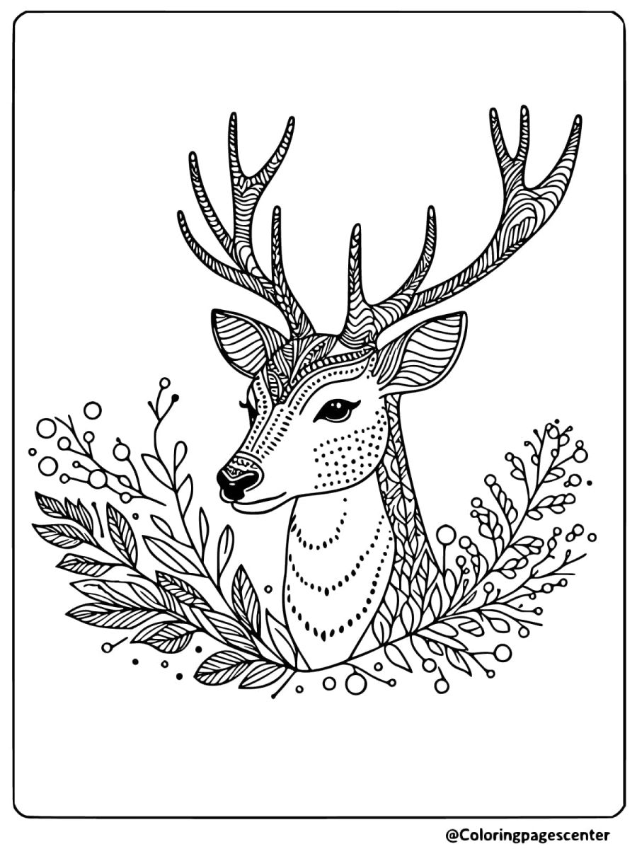 Elegant deer head with leaves and branches coloring page