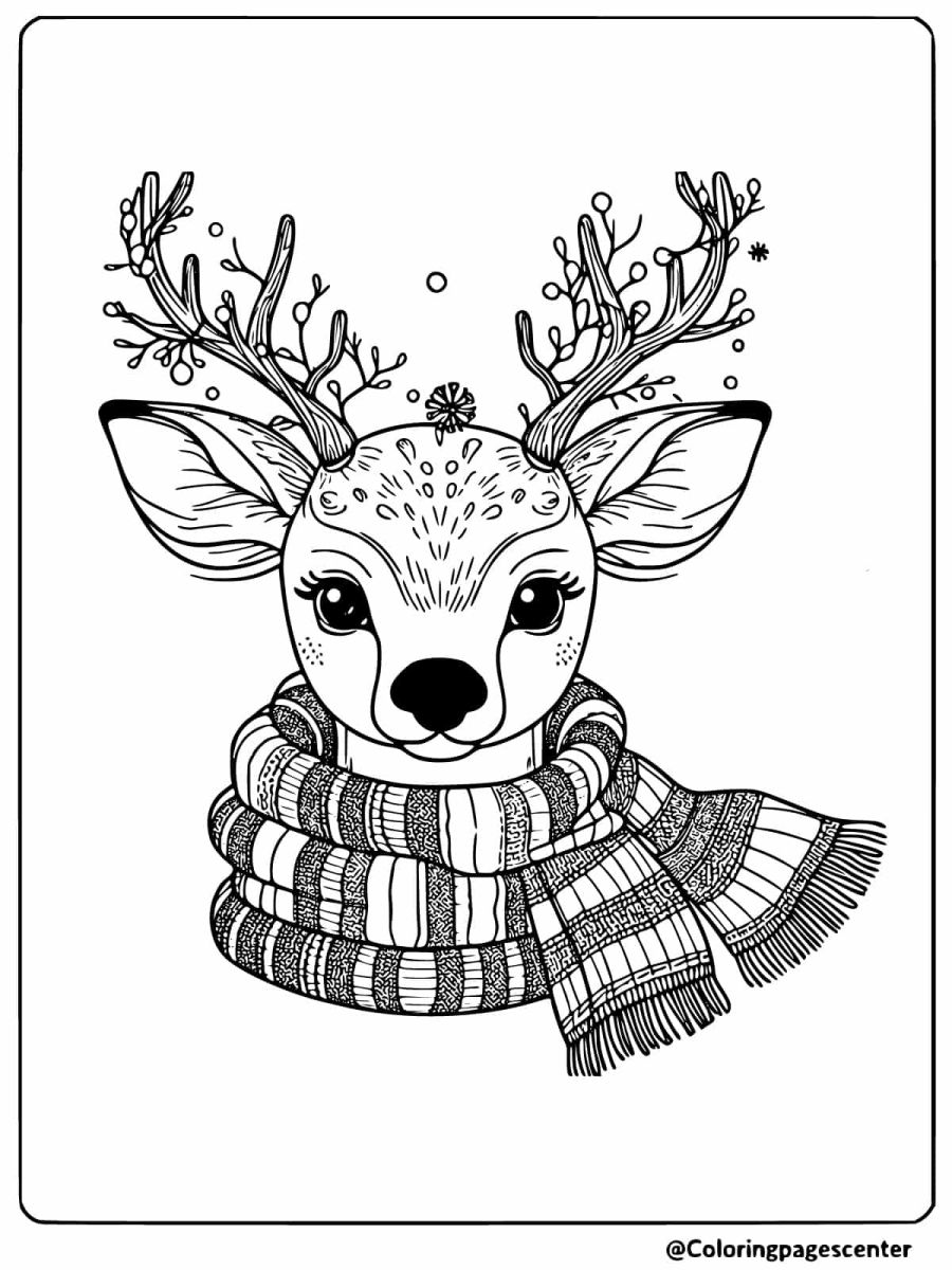 A festive deer head with a scarf coloring page