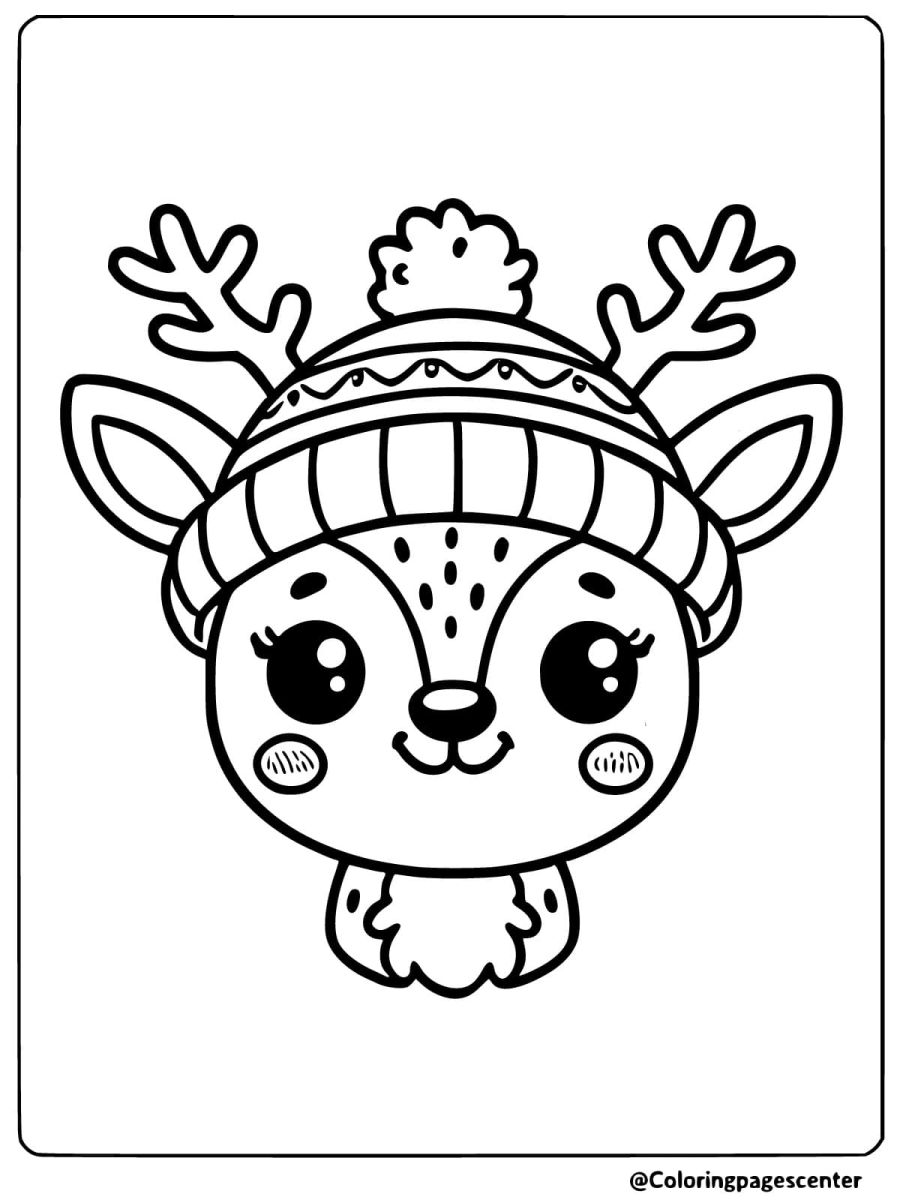 Coloring page of a cute deer head wearing a holiday hat