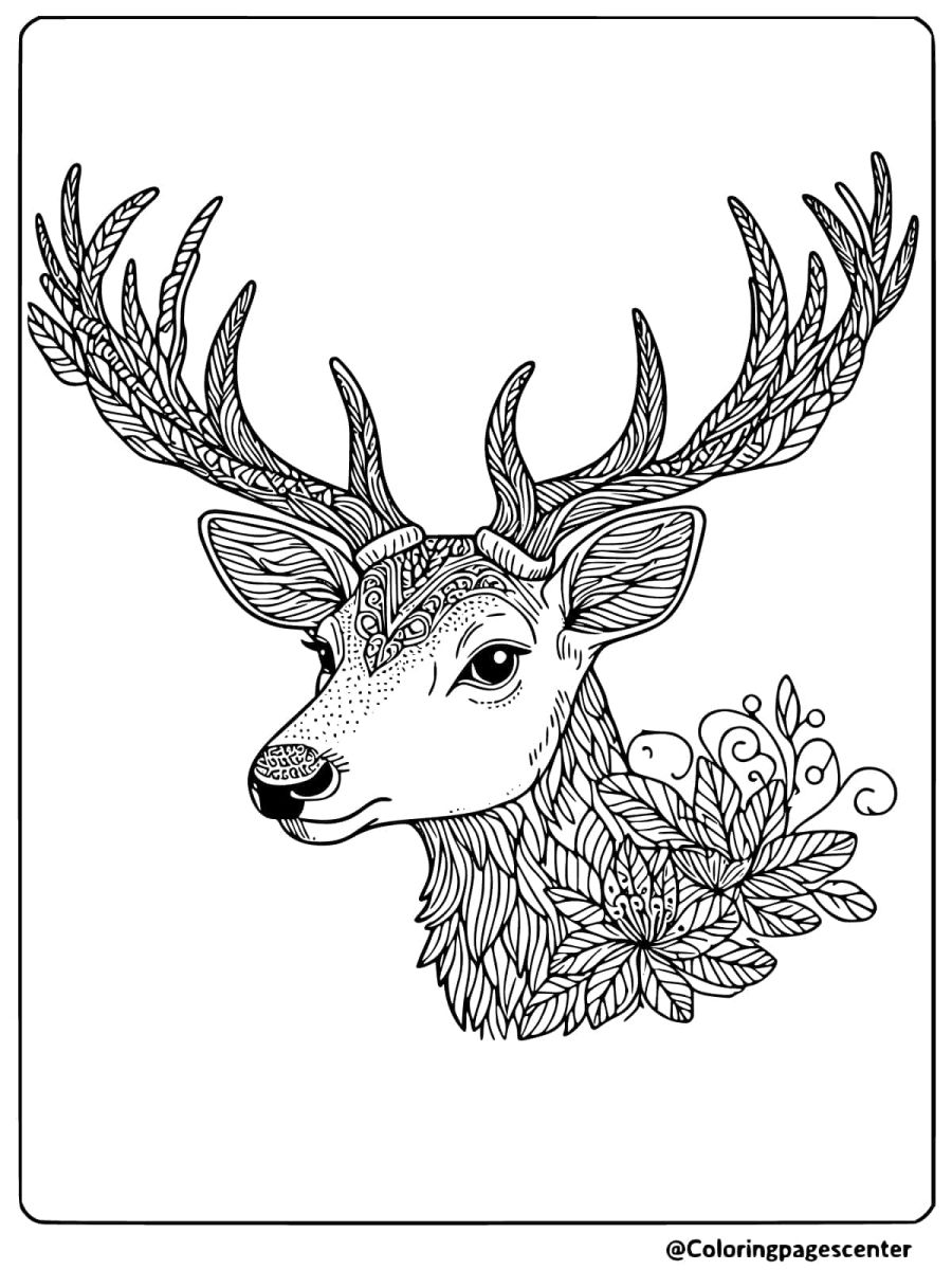 Coloring page featuring a deer head with floral details