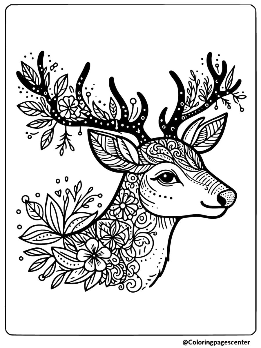 Floral and intricate deer head coloring page