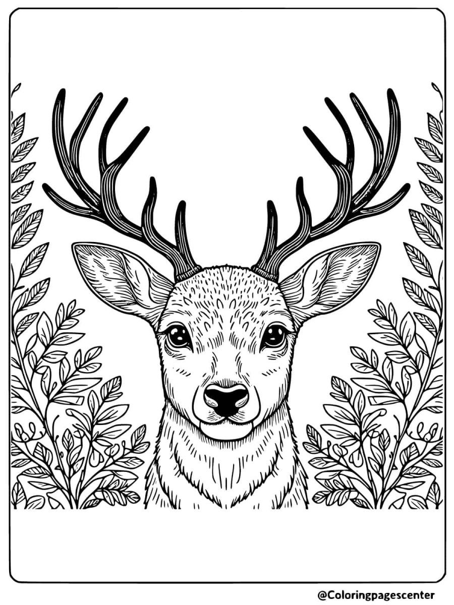 Realistic deer head surrounded by leaves coloring page