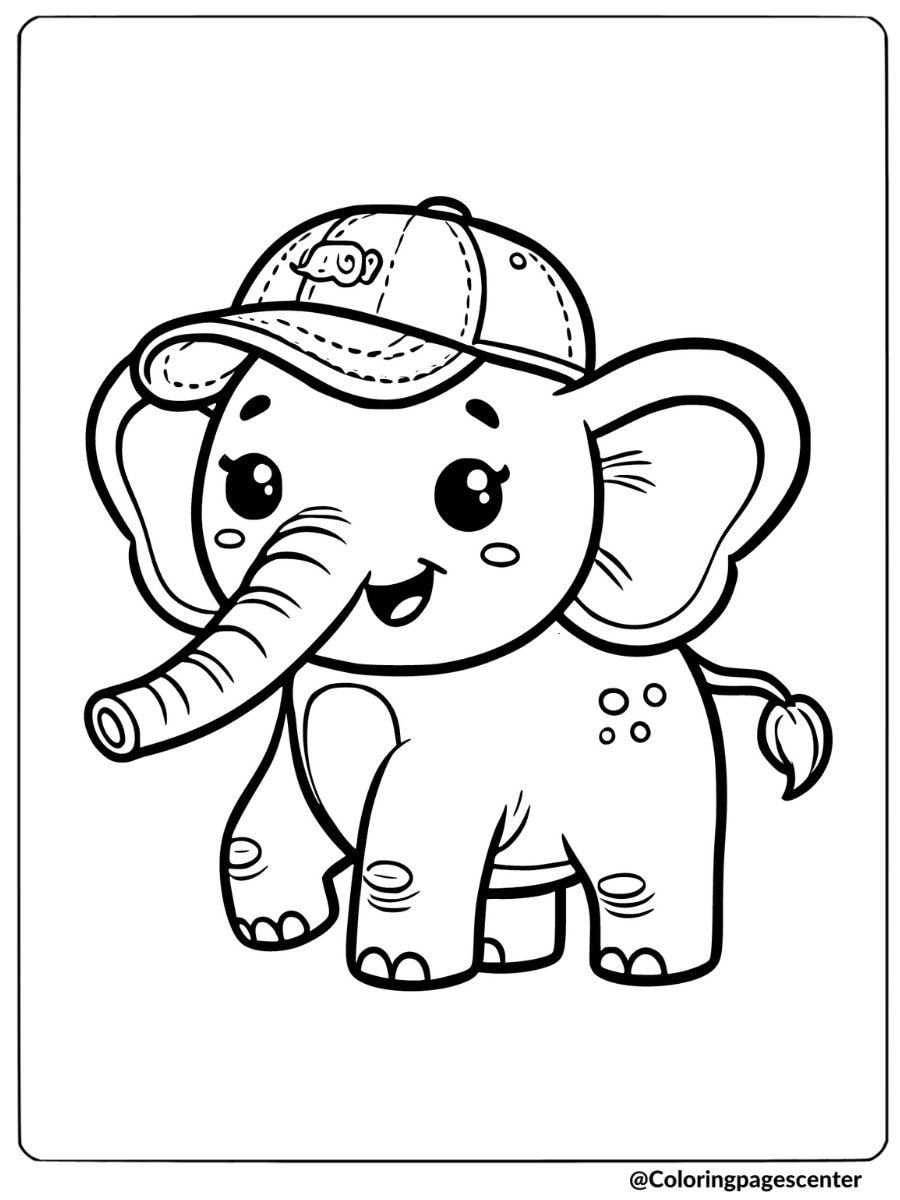 Smiling elephant wearing a hat coloring page