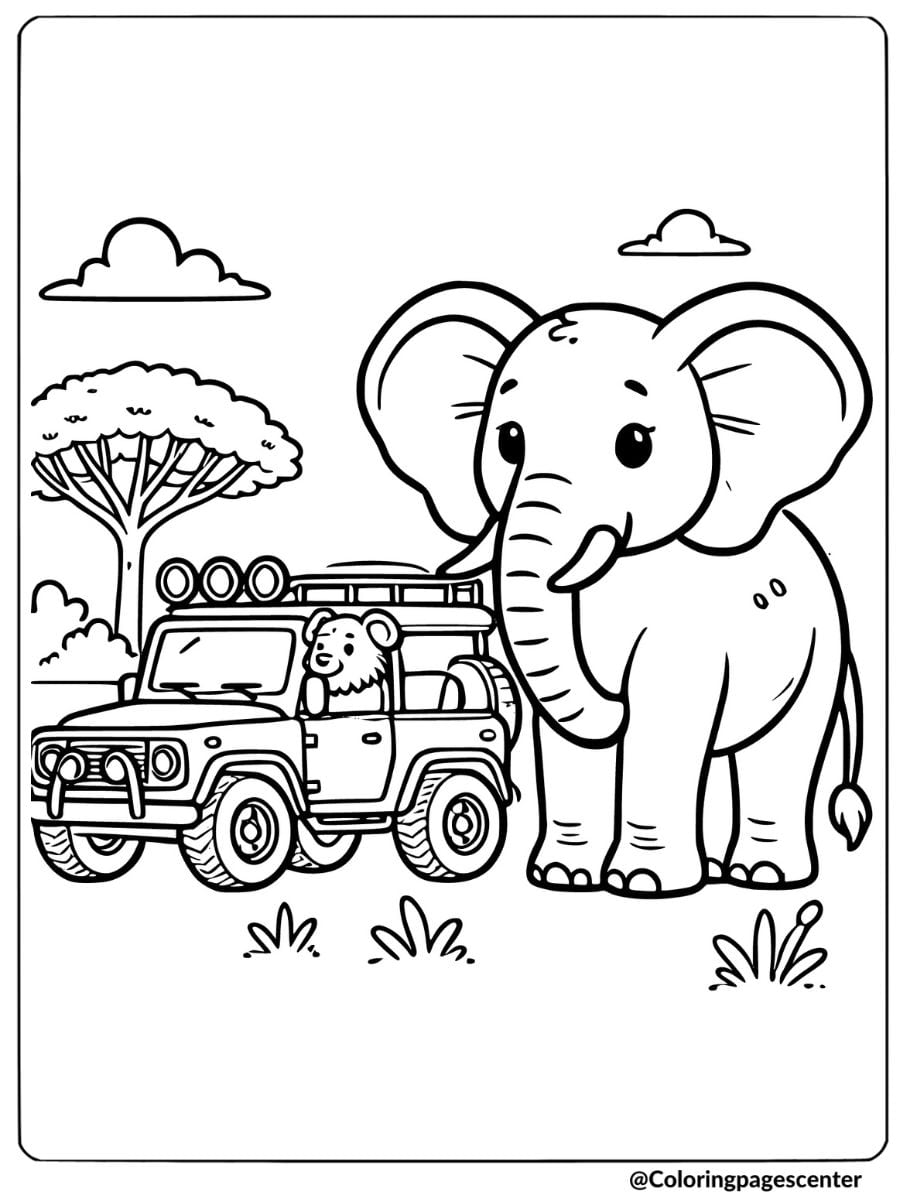 Coloring page of an African elephant beside a safari jeep