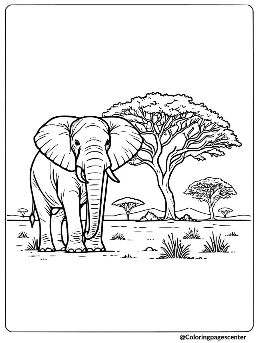 Coloring page of an African elephant in its natural habitat