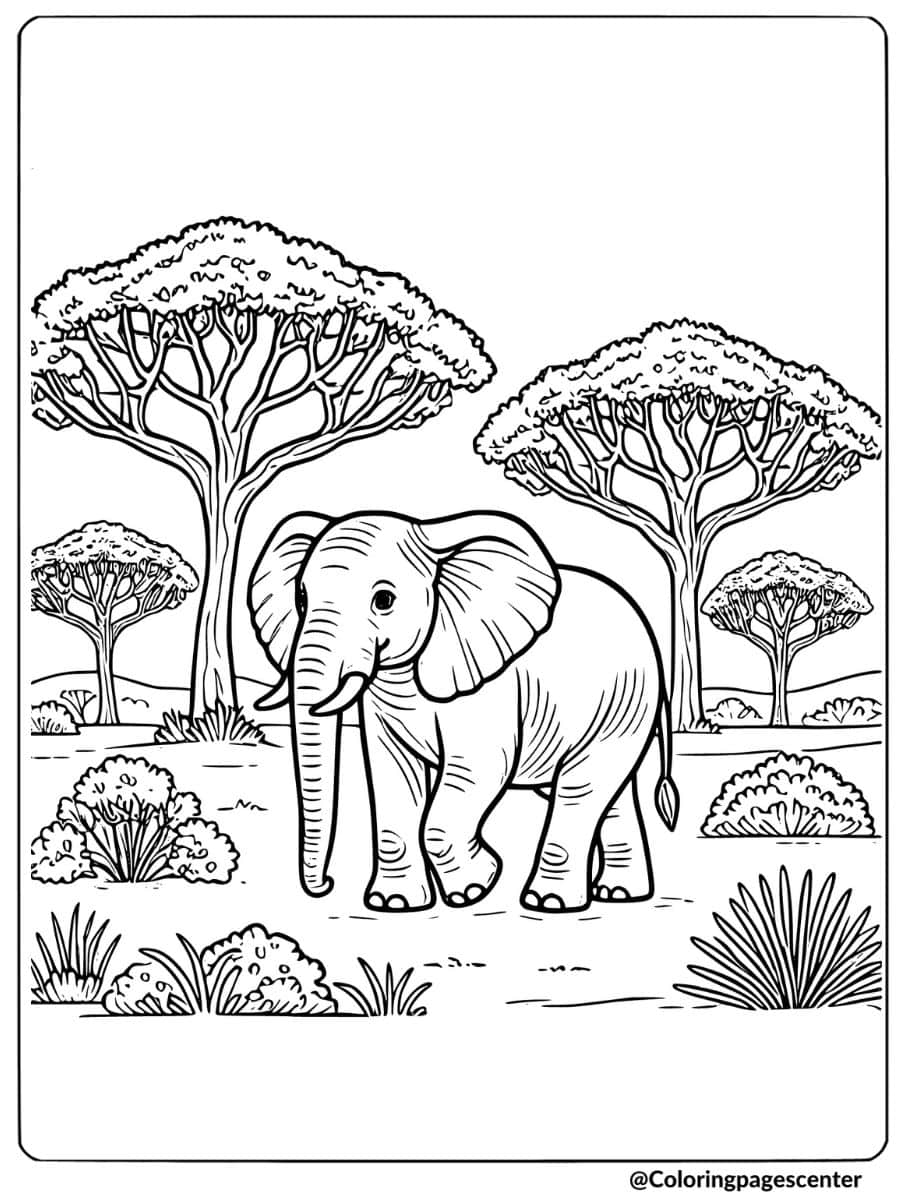 Coloring page of an African elephant strolling in the savannah