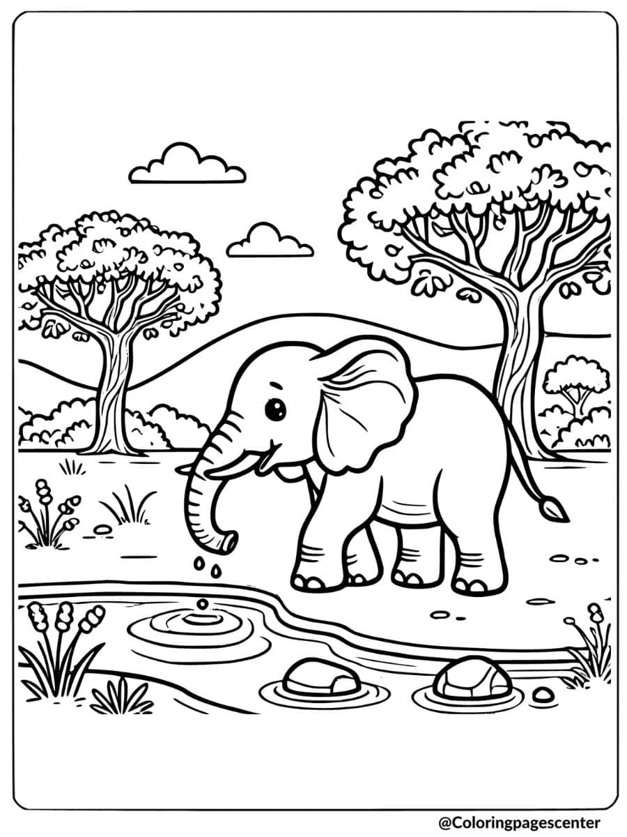 Coloring page of a baby African elephant drinking water from a small pond