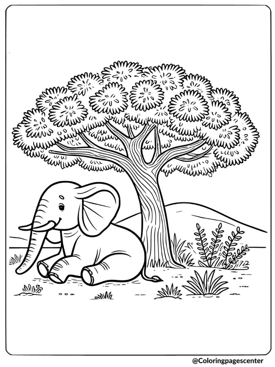 Coloring page of a baby African elephant sitting under a large tree