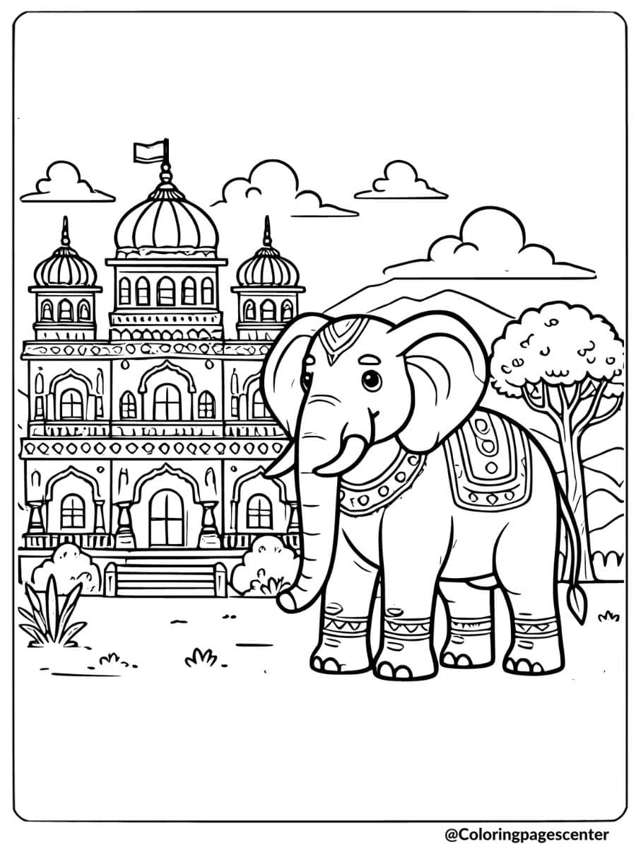 Coloring page of an adorned African elephant in front of a grand palace