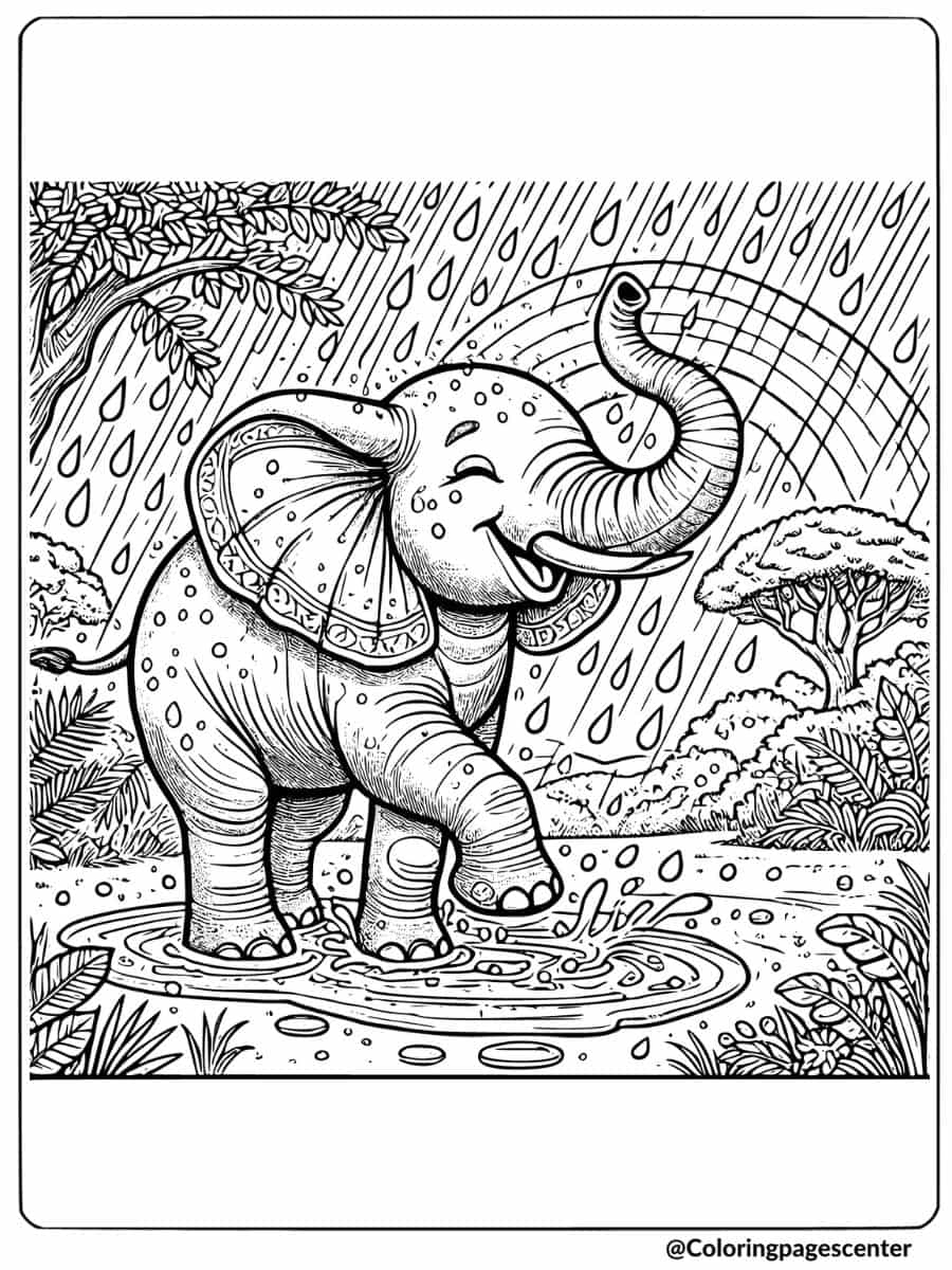 Coloring page of a joyful African elephant splashing in the rain