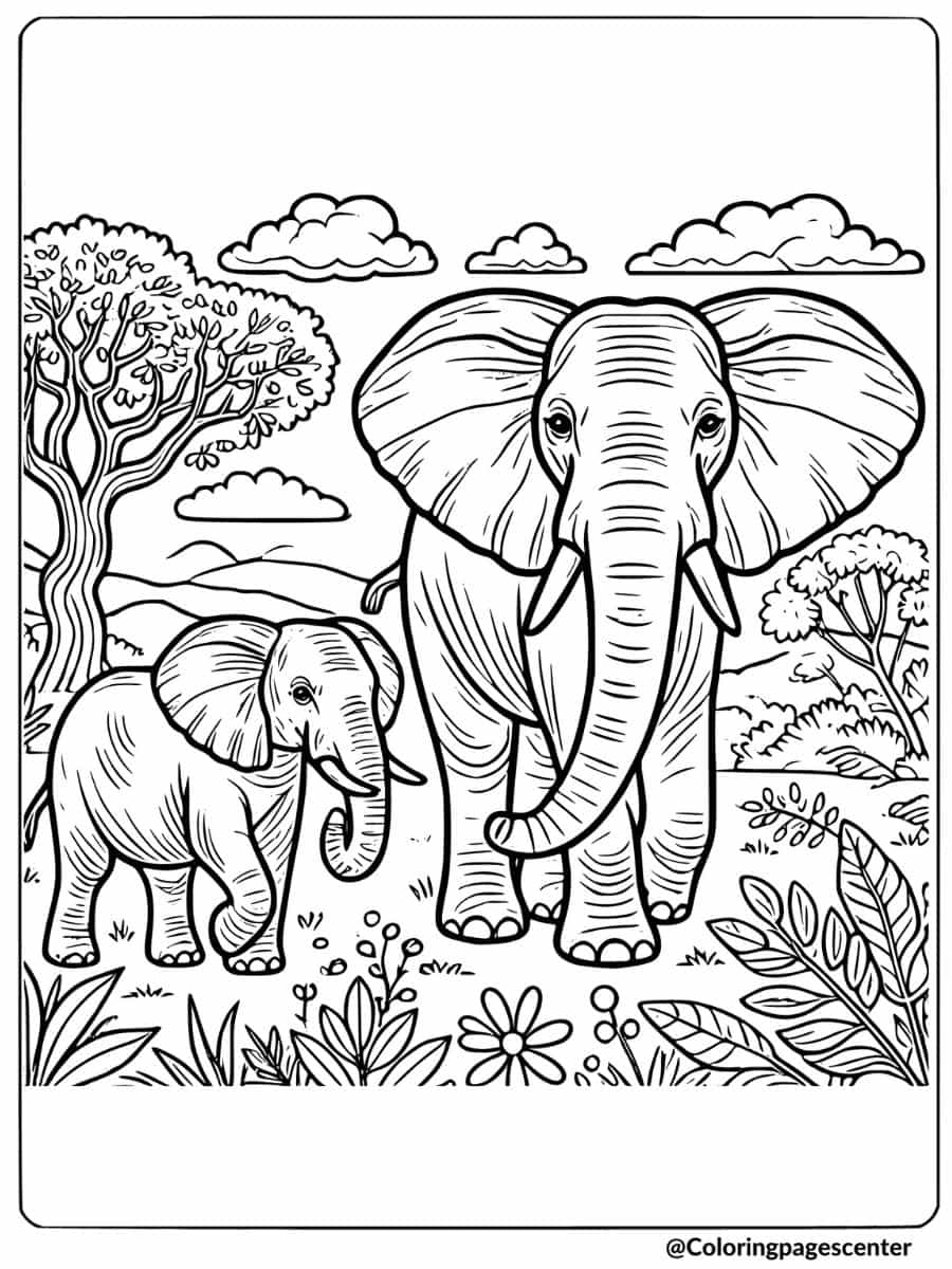 Coloring page of a mother African elephant walking with her baby