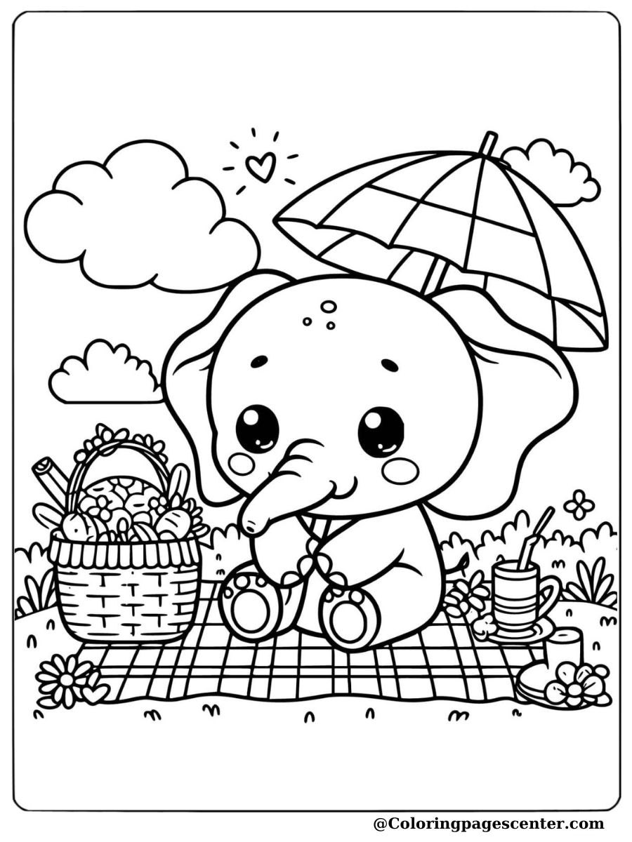 Baby elephant enjoying a picnic under an umbrella coloring page