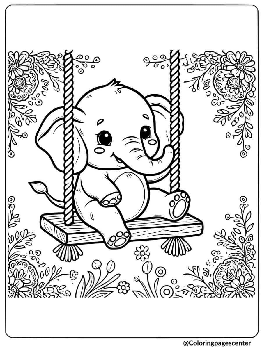 Joyful baby elephant on a swing coloring page