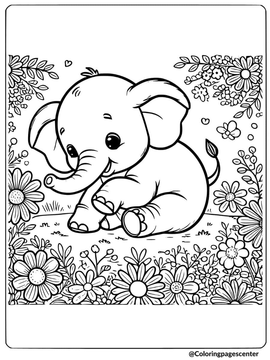 Baby elephant surrounded by flowers coloring page