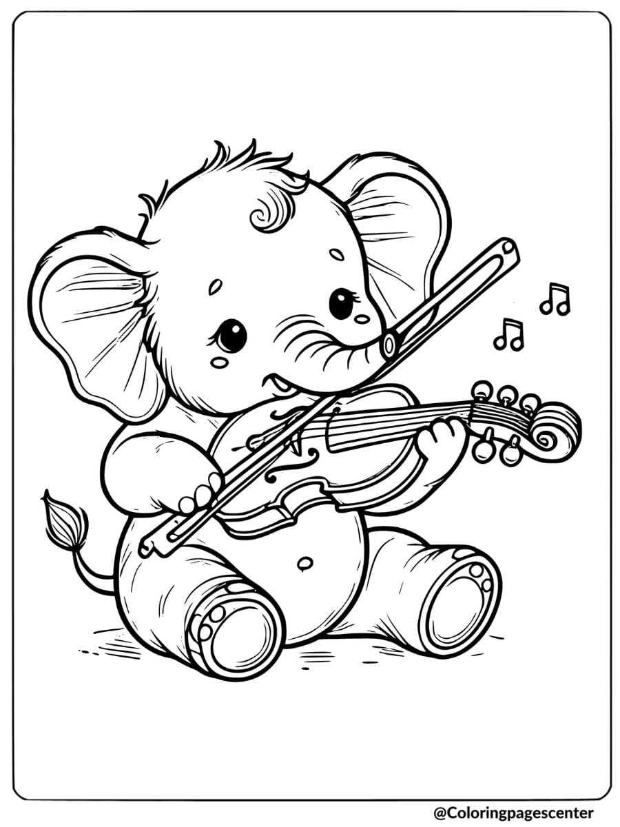 Musical baby elephant with violin coloring page