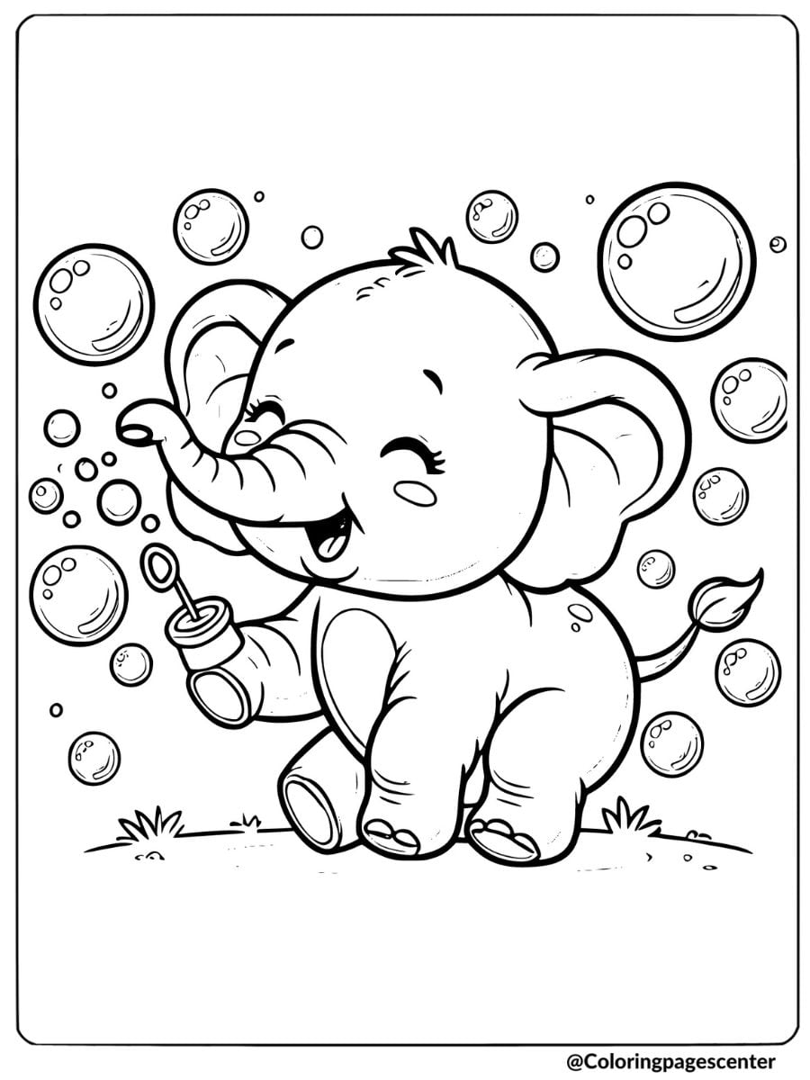 Happy baby elephant blowing bubbles coloring page