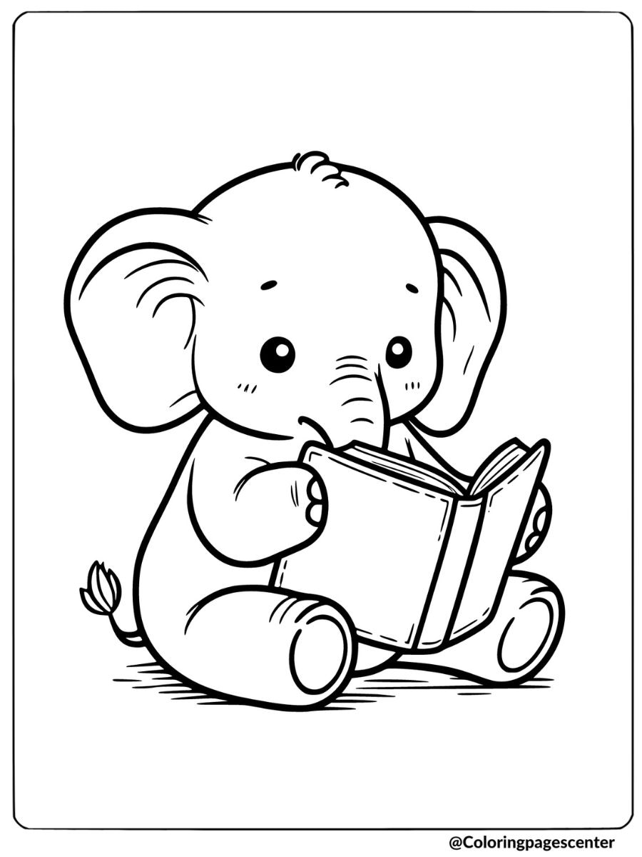 Smart baby elephant reading a book coloring page