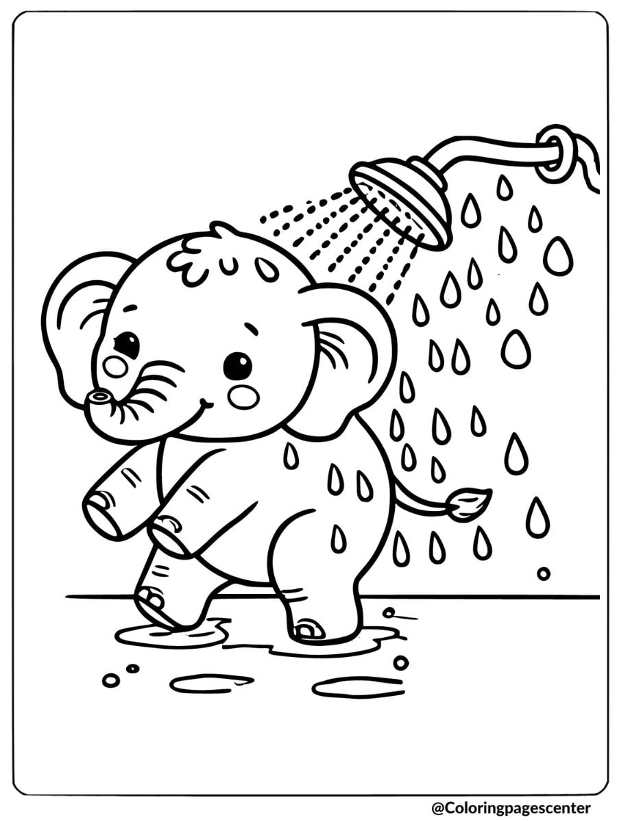 Playful baby elephant under a shower coloring page