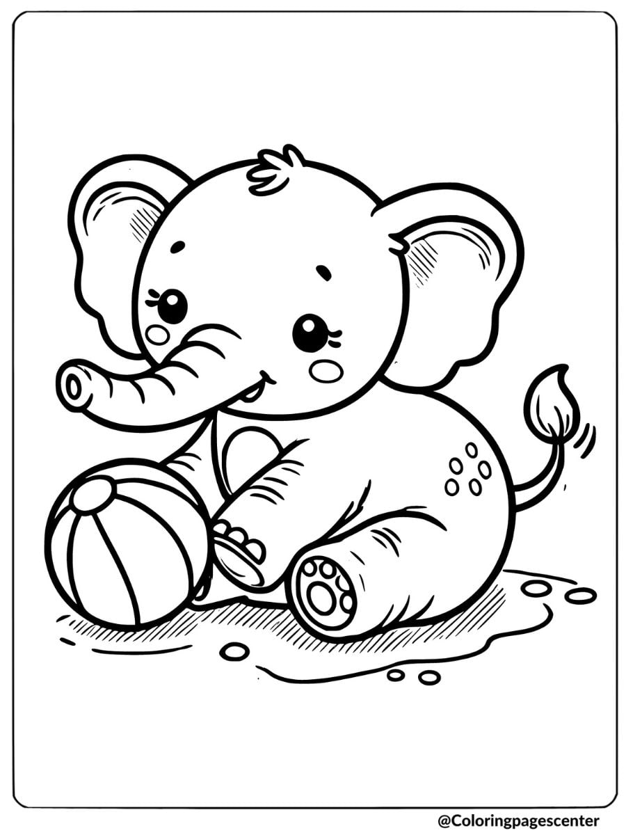 Cute baby elephant playing with a ball coloring page