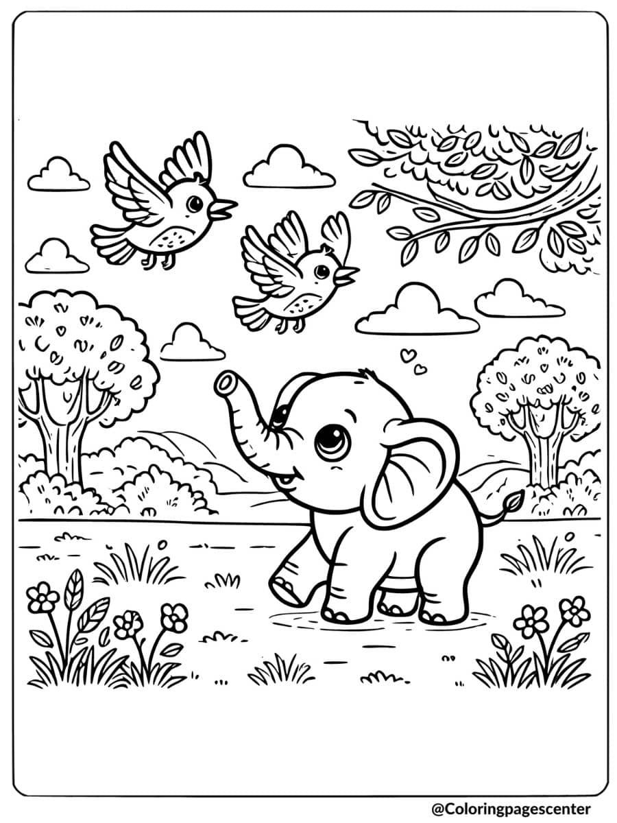 Adorable baby elephant and flying birds coloring page