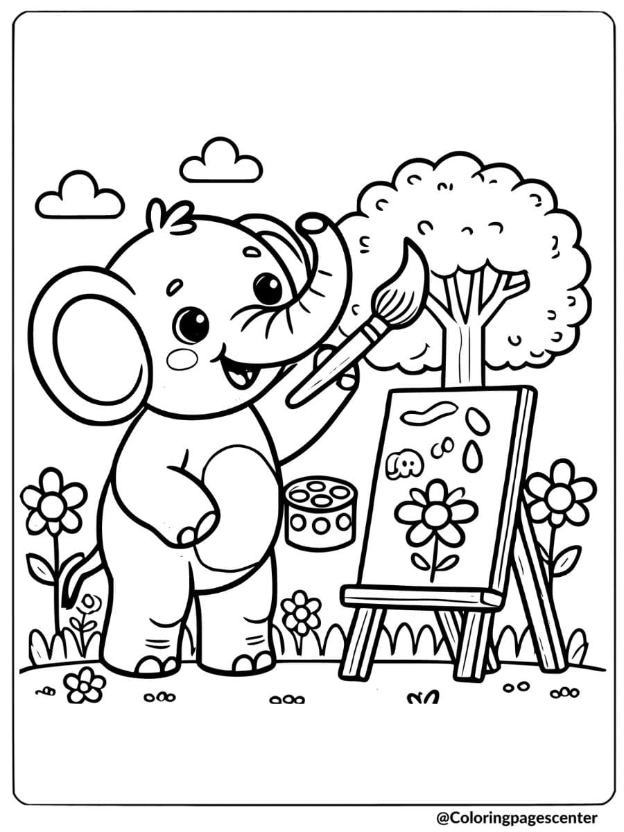 Creative cartoon elephant painting outdoors coloring page