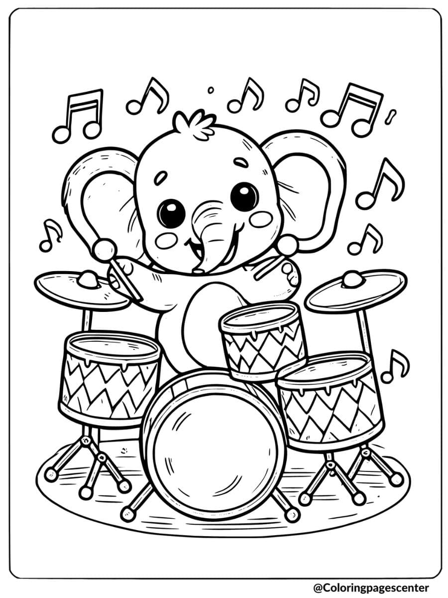 Joyful cartoon elephant playing drums coloring page