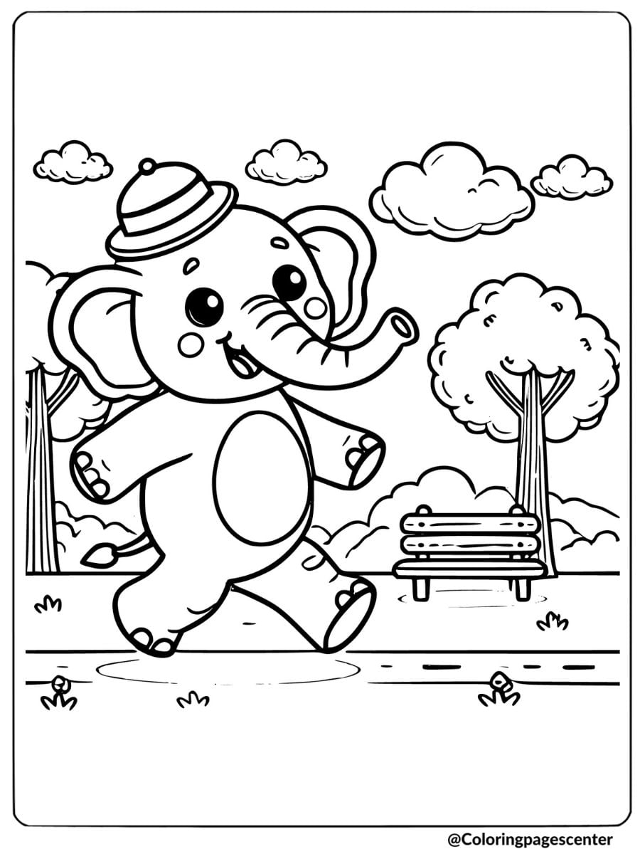 Cheerful cartoon elephant strolling in the park coloring page