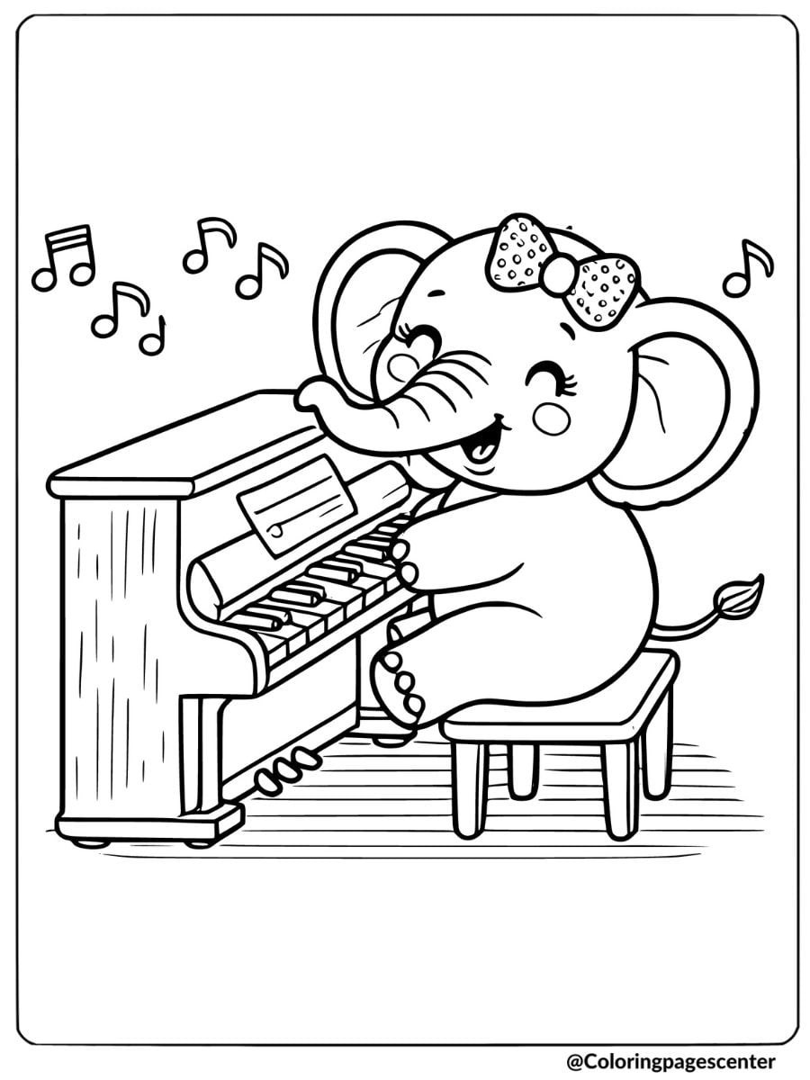 Adorable cartoon elephant playing piano coloring page