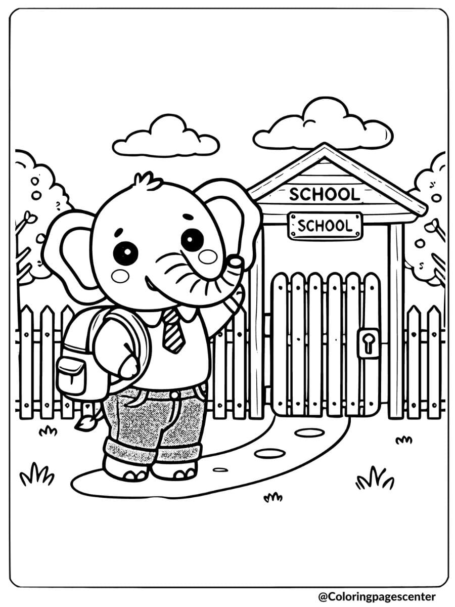 Excited cartoon elephant going to school coloring page