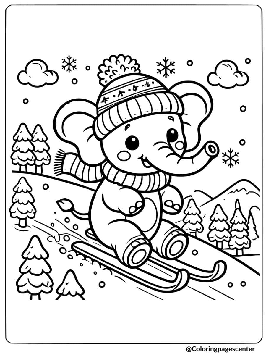 Cartoon elephant enjoying skiing on a snowy hill coloring page