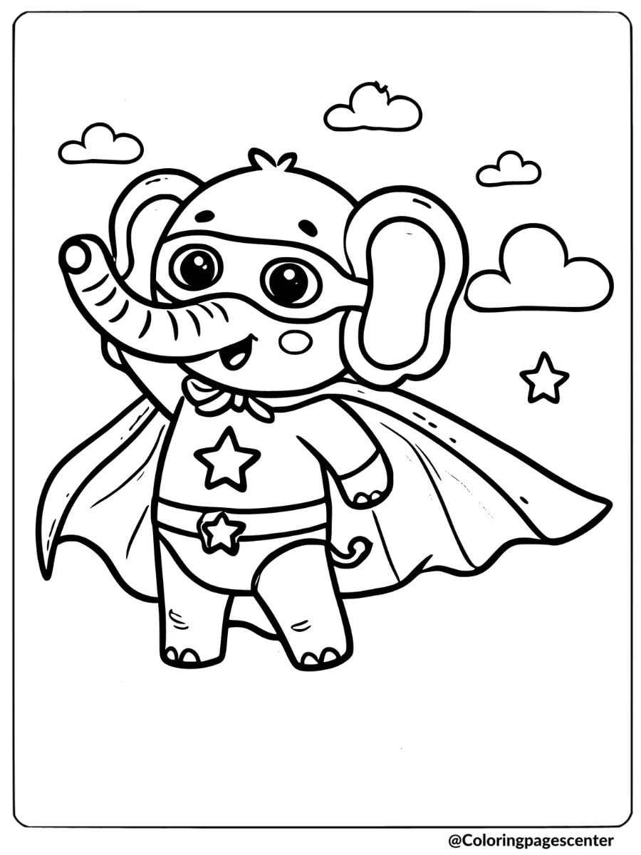 Heroic cartoon elephant in a superhero costume coloring page