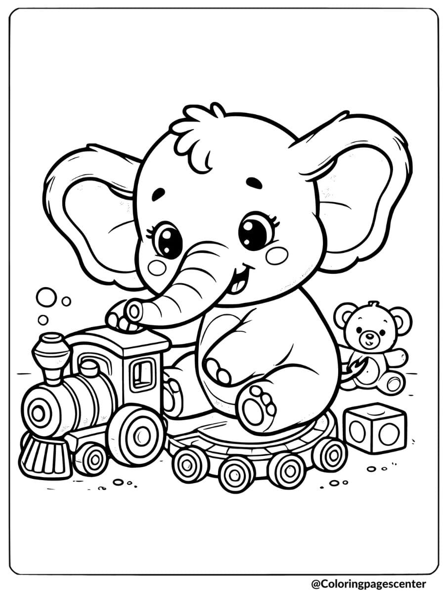 Playful cartoon elephant riding a toy train coloring page